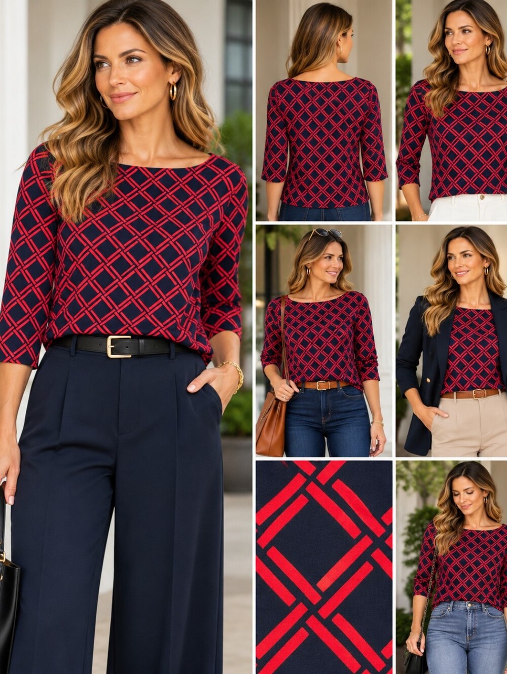 Vineyard Vines Navy & Red Geometric 3/4 Sleeve Top – Size S